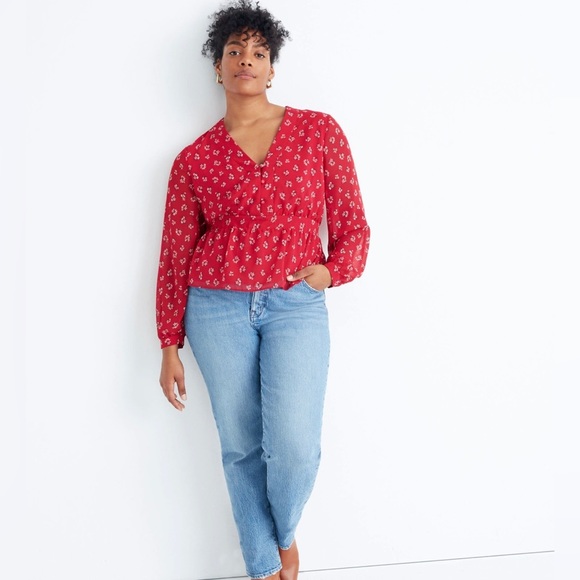 Madewell Red floral long sleeve Madewell blouse. Size XXS - Picture 2 of 10